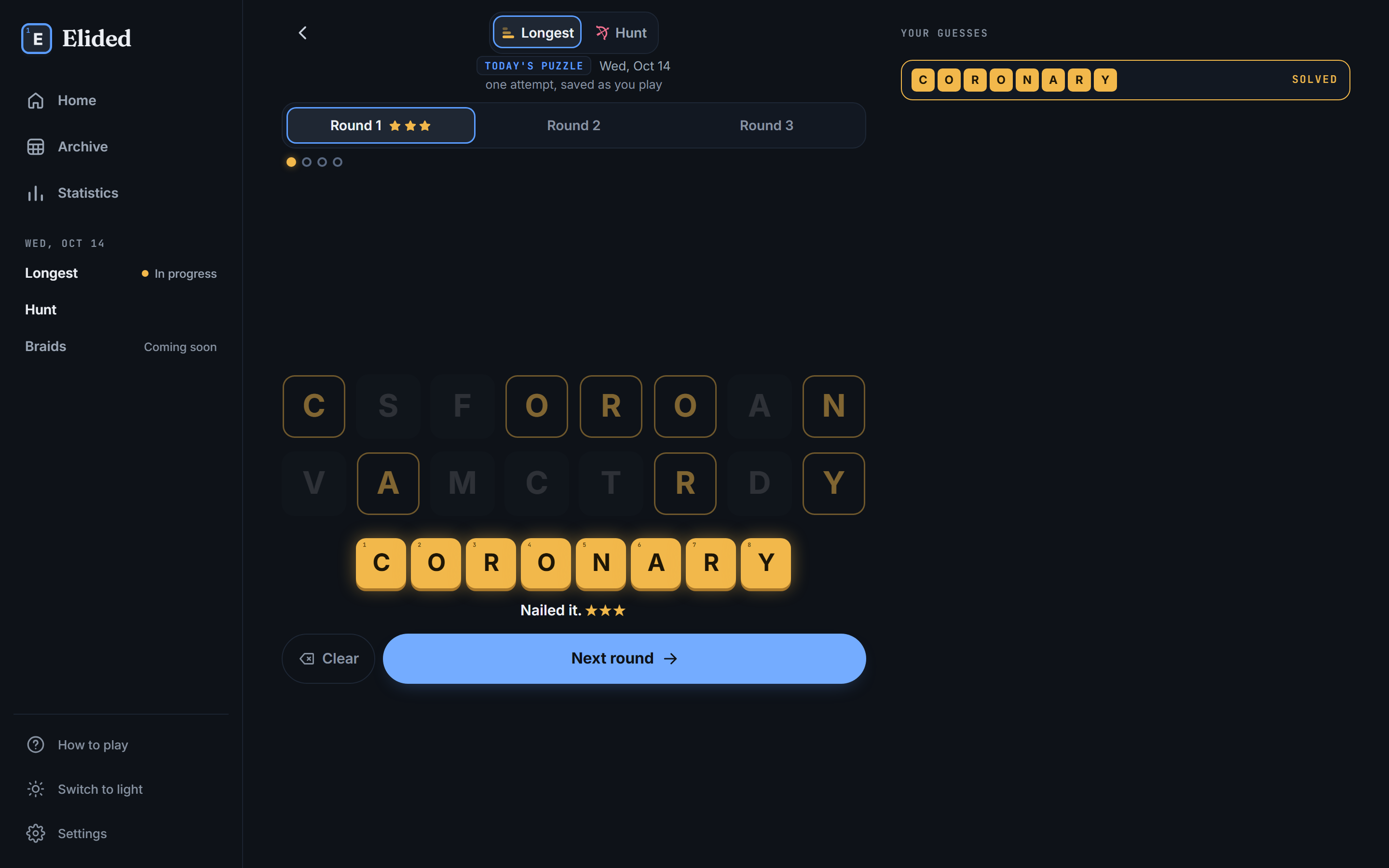 Elided on a computer: Longest with its first round solved, CORONARY in gold tiles, beside the menu and the list of guesses