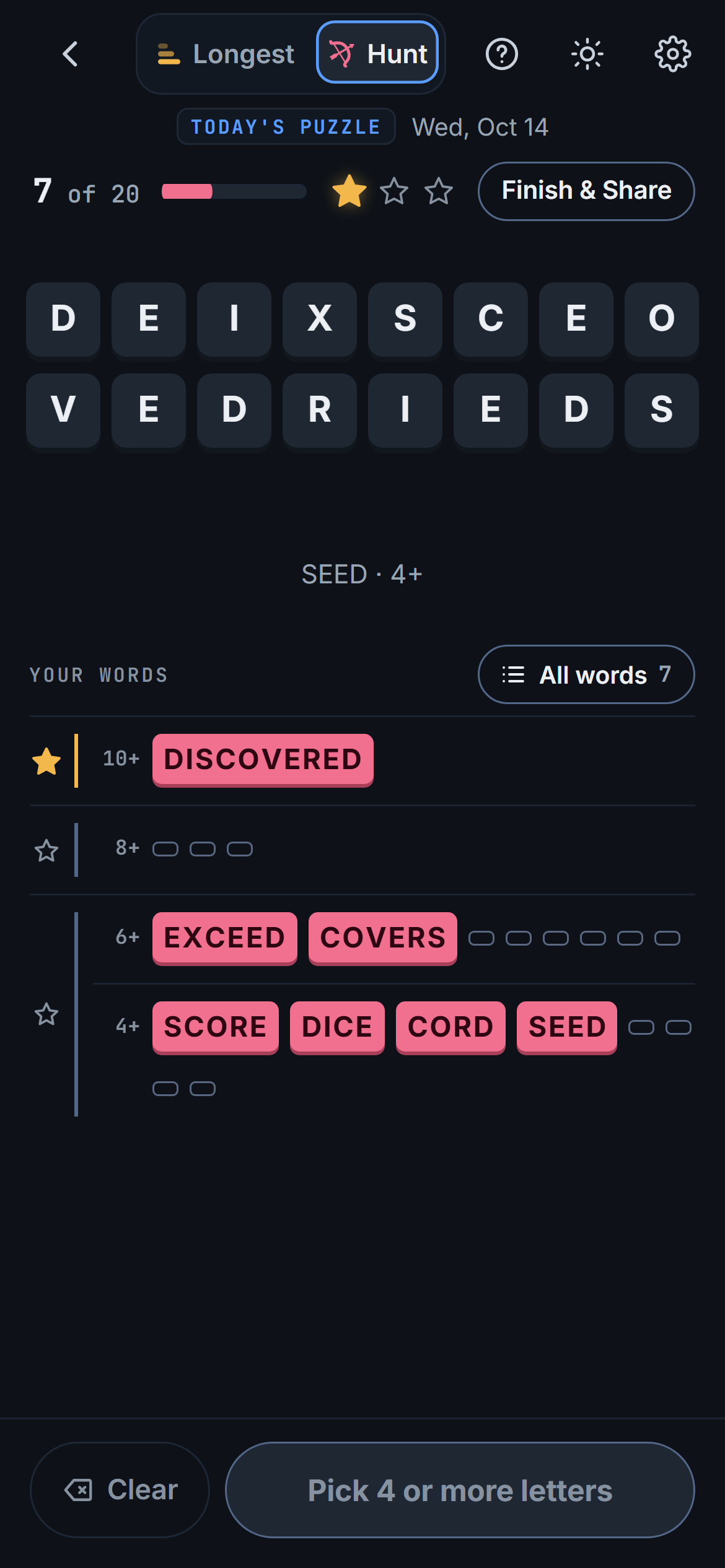 Hunt on a phone: seven of twenty slots filled with words found in the sixteen letters, DISCOVERED in the top slot