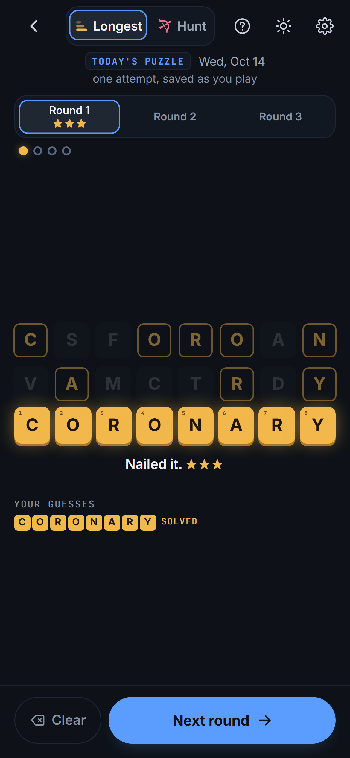 Longest on a phone, its first round solved: CORONARY in gold tiles under the sixteen letters it was spelled from, with three stars